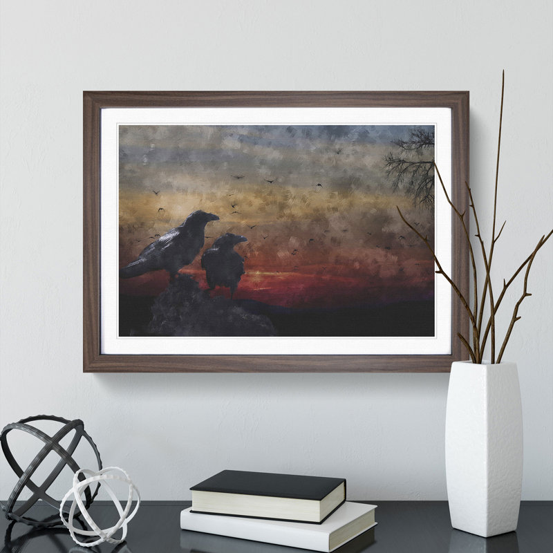 Crows at Sunset - Picture Frame Painting, 48cm H x 65cm W x 2cm D, Walnut Framed