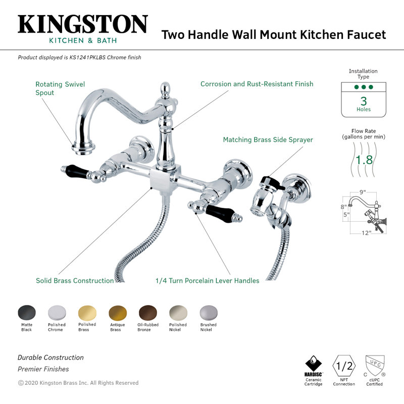 Kingston Brass Duchess Double-Handle Wall-Mount Bridge Kitchen Faucet, With Side Spray, Vintage Brass