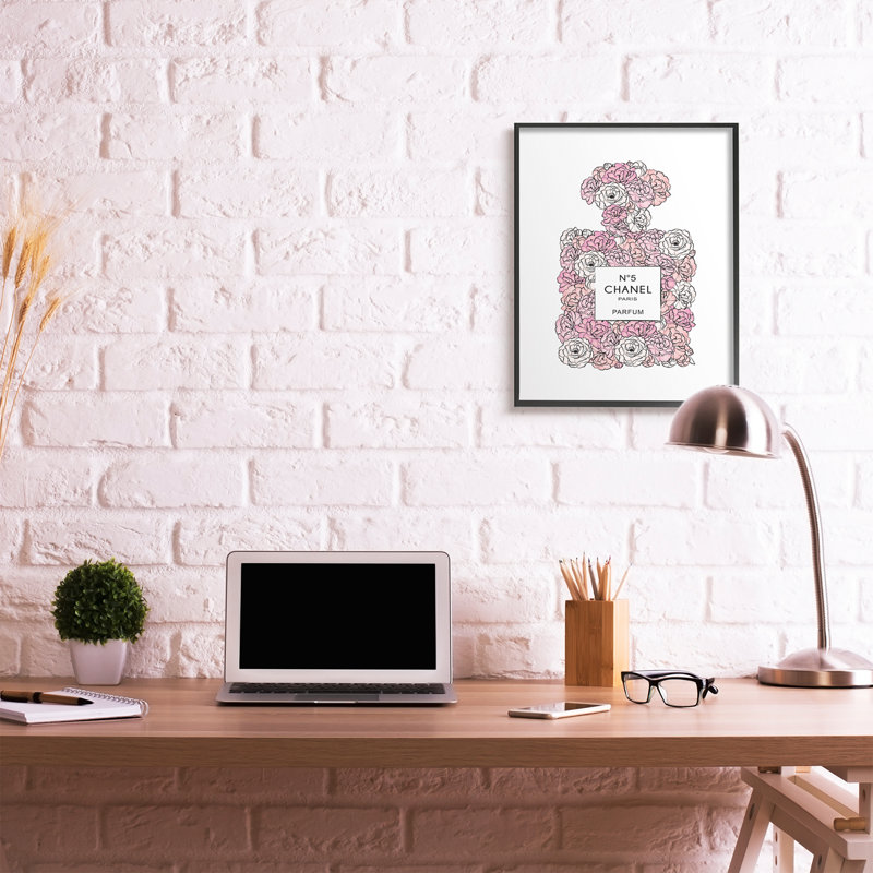 «Pink Rose Floral» par Martina Pavlova, impression de graphisme, Cadre noir, H 30 po x l 24 po x P 1,5 po