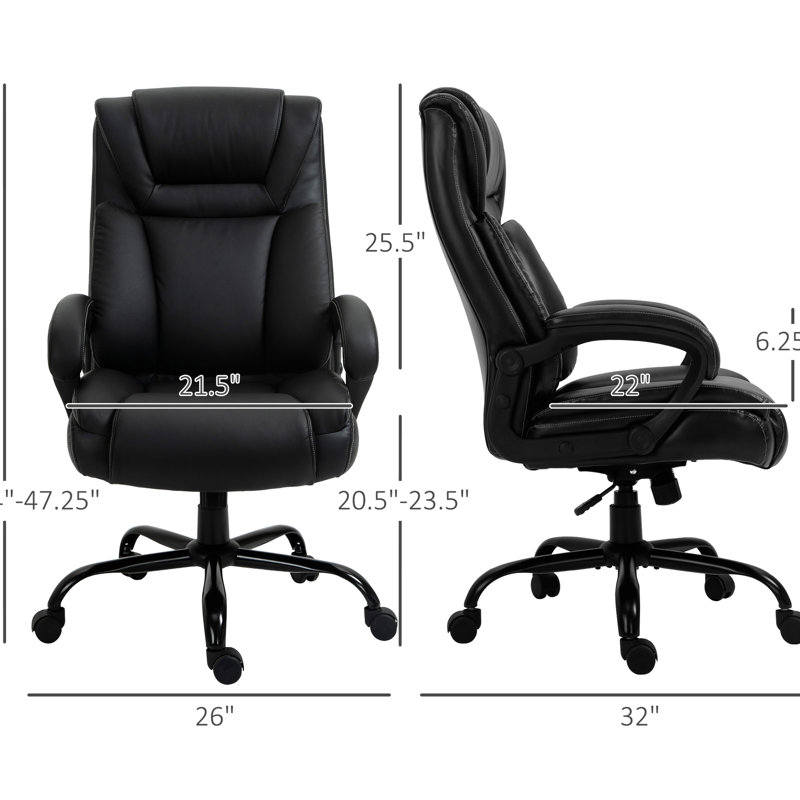 Grand et grand fauteuil de travail noir en cuir d'unité centrale, capacité de poids de 400 lb, siège large, hauteur réglable, chaise de bureau pivotante pour des processus efficaces avec capacité, cuir, configuration en hauteur