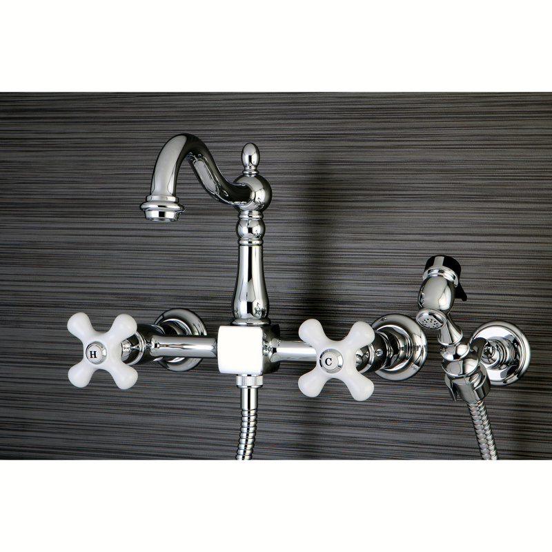 Kingston Brass Heritage Double-Handle 3-Hole Wall-Mount Bridge Kitchen Faucet with Brass Sprayer, Chrome