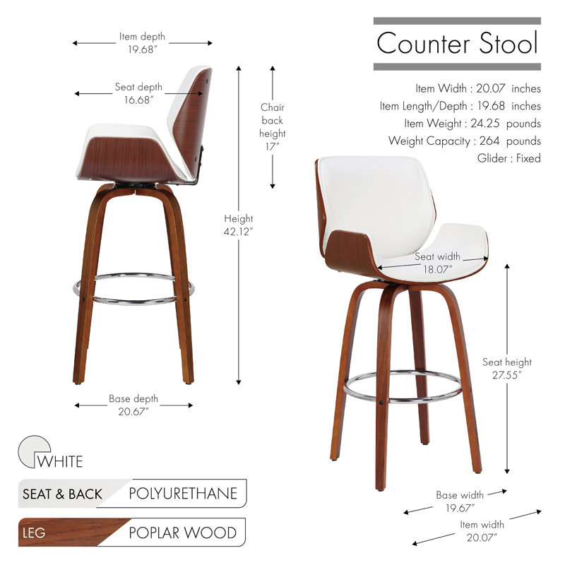 Livingston 27.55" Swivel Faux Leather Mid-Century Bar Stool, White