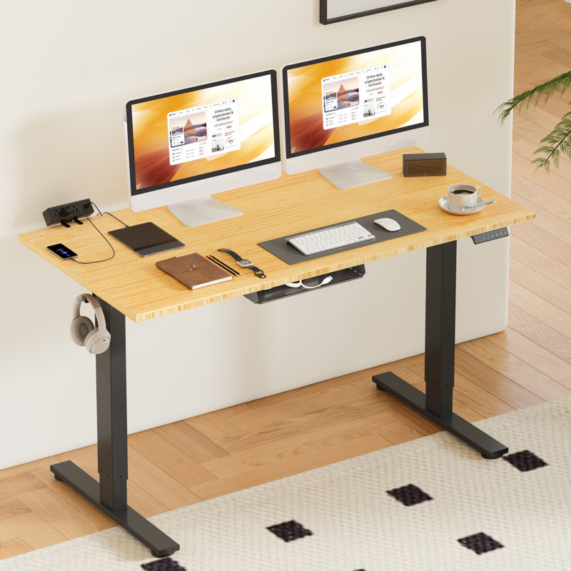 Eric Height Adjustable Standing Desk, 100% Bamboo Desktop, 45.7" H x 55" W x 28" D, Black
