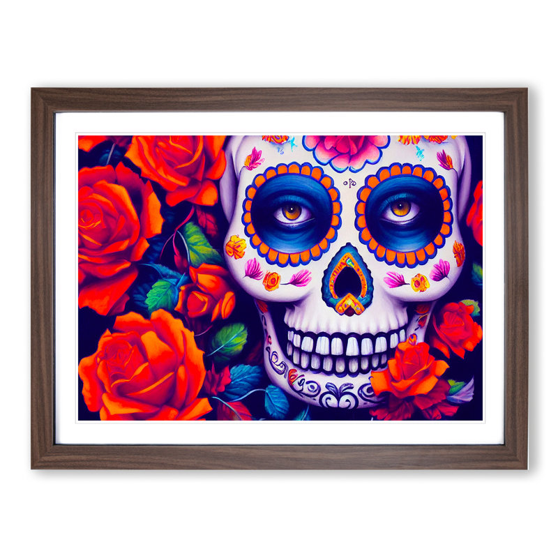 Glowing Floral Sugar Skull - Framed Print