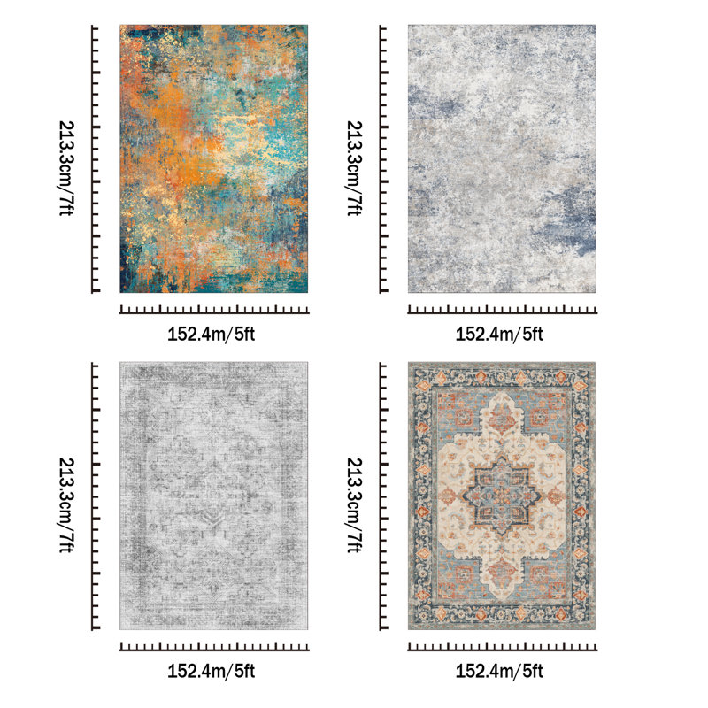 Living Room Rug 5x7 ft Yellow and Blue Area Rug Machine Washable Rug, Non Slip Vintage Rug Stain Resistant Indoor Large Carpet for Bedroom, Boho Rug, Distressed Retro Floor Rug for Classroom, Dorm, Dining Room