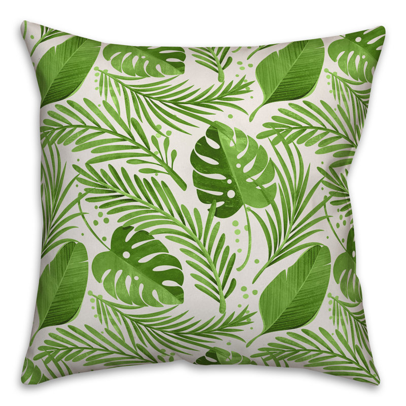  Coussin décoratif intérieur / extérieur Coastal Leaves, 18 po x 18 po, Blanc cassé / vert pâle, Pas de bourre