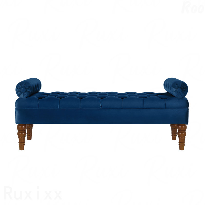 Velvet Fabric Upholstered Long Bench - Button Tufted Seat, For Bedroom, Window & Entryway, Bolster Design, Navy