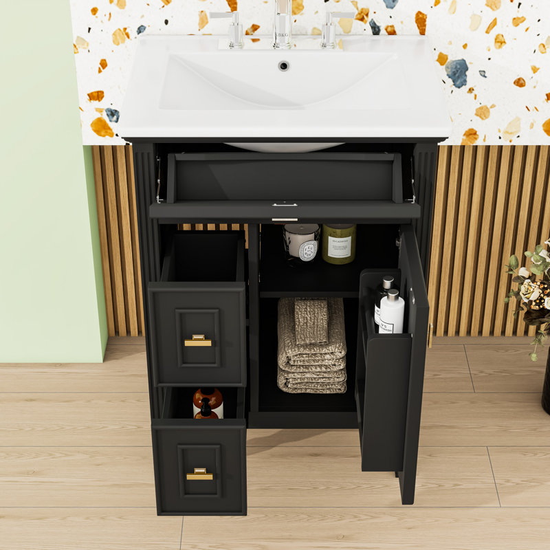 Meuble-lavabo de salle de bain avec lavabo, 2 tiroirs standard, 1 tiroir rabattable et tablette réglable, Noir