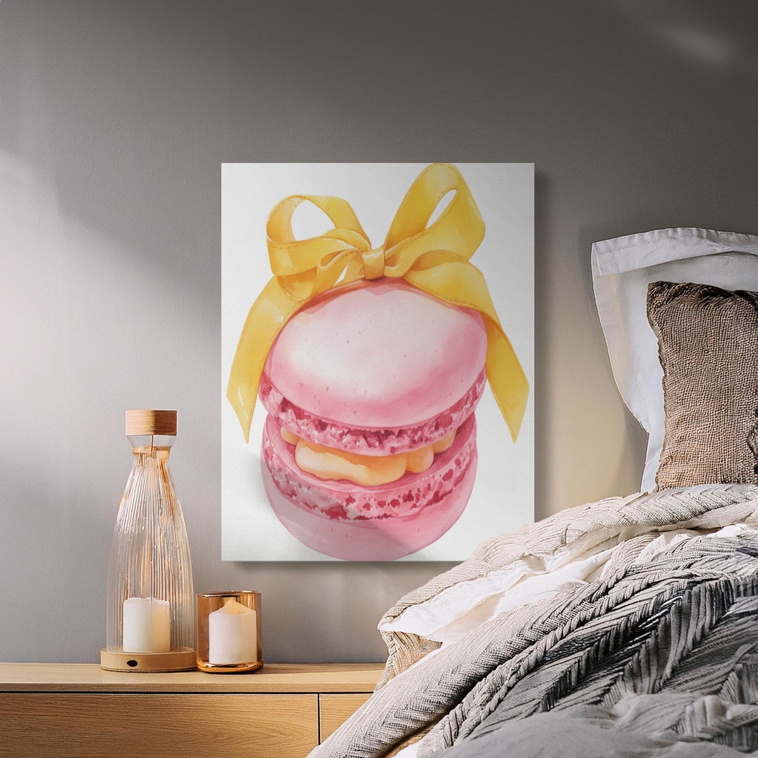 Pink Macaron Watercolor Eidson with Faux Gold Ribbon Bow, French Patisserie Dessert Kitchen Decor, Sweet Treat Foodie Gift for Her