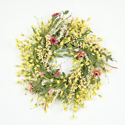 24" Artificial Spring Summer Blossom Cluster Greenery Foliage Berry Daisy Forsythia Front Door Wreath