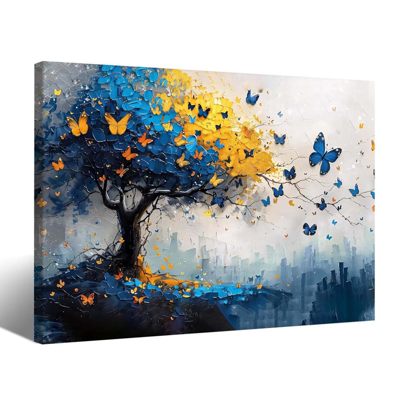 Butterfly Tree Canvas Wall Art Blue and Yellow Tree of Life Painting Print Artwork 24x16 Inch Abstract Oil Style Framed Posters Wall Decor for Living Room Bedroom Office Hallway