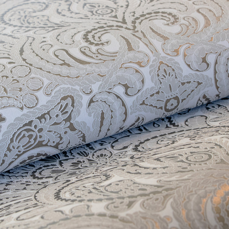 StrattfordAres 3D Embossed Metallic Damask 10m x 53cm Wallpaper Roll, Stone Grey
