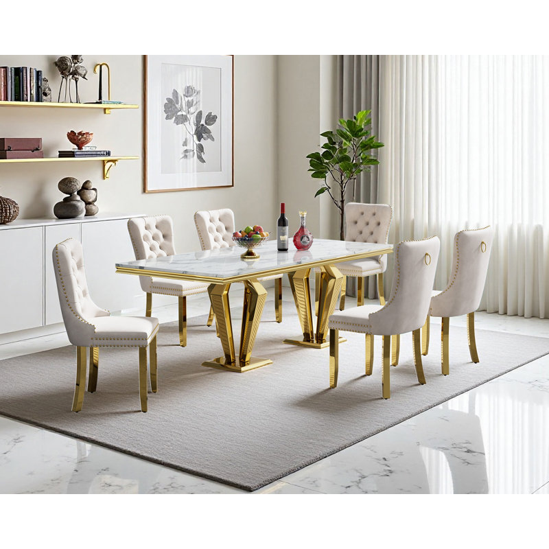 Rectangle Dining Table Set, Faux Marble Dining Table & Velvet Chairs with Stainless Steel Pedestal, 68" Dining Room Table and Chairs Set, Luxury Dining Table Set