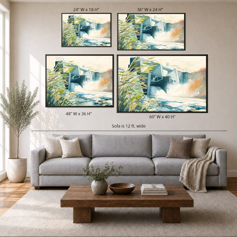 «Industrial Dam» par Bruce Nawrocke - Impression sur toile, 24" x 18", Flat Floating Frame, Black