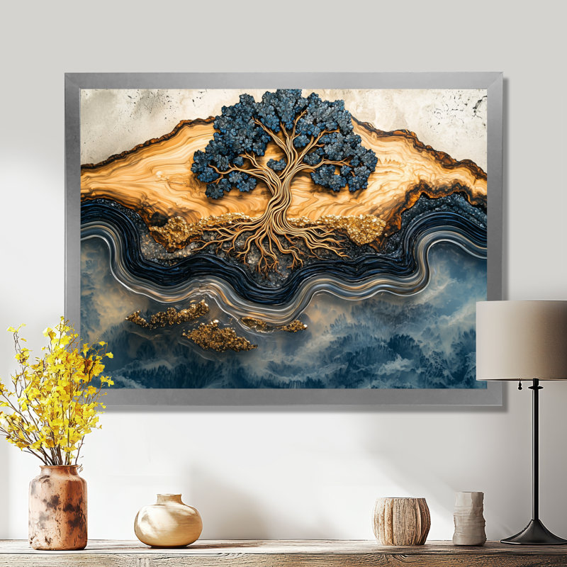 Aqua infini doré, arbre de vie III - arbre de vie, art mural, Argent argent, H 24 po x l 32 po, Floater Framed