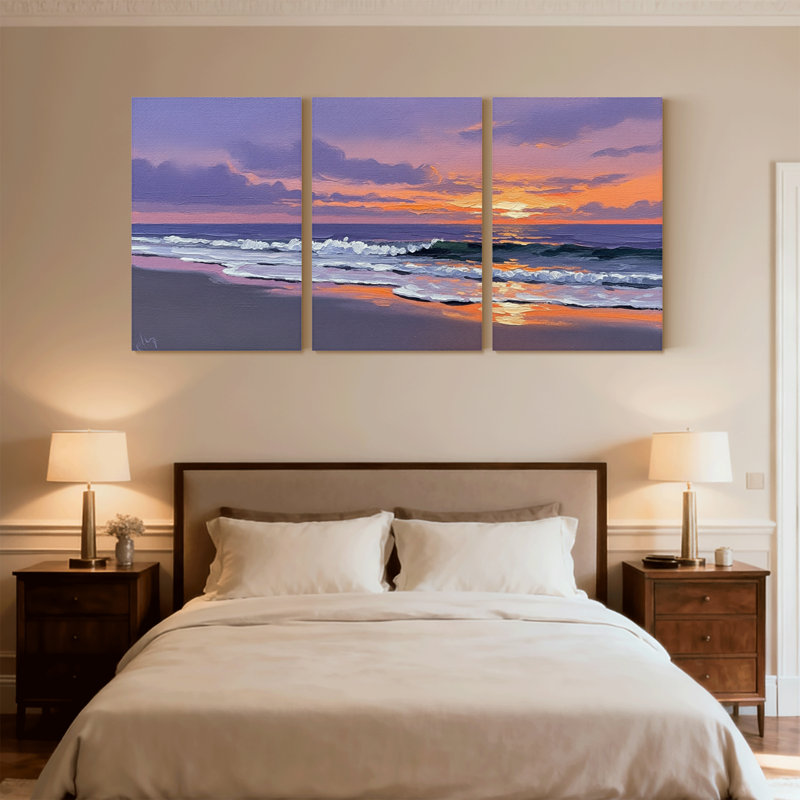 Nautique et plage, coucher de soleil, océan, vagues, ciel, nuages, sable, reflet, ensemble de 3 impressions sur toile