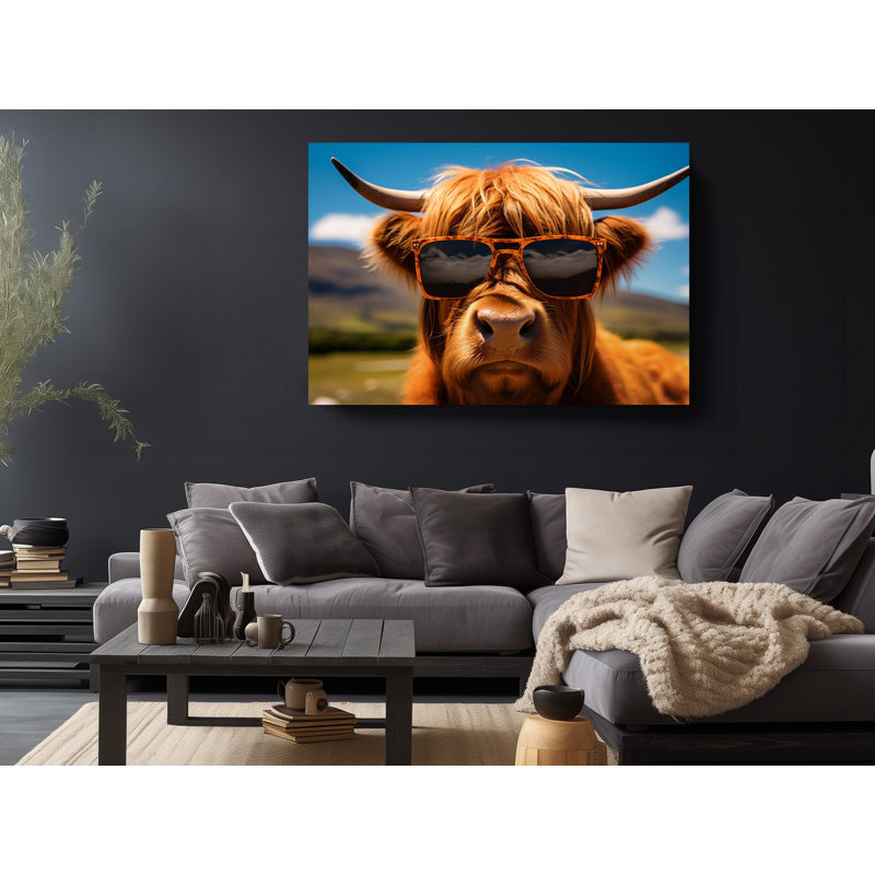 Reproduction de peinture gros plan, vache mignonne Highlander avec lunettes de soleil, reproduction d'art sur toile
