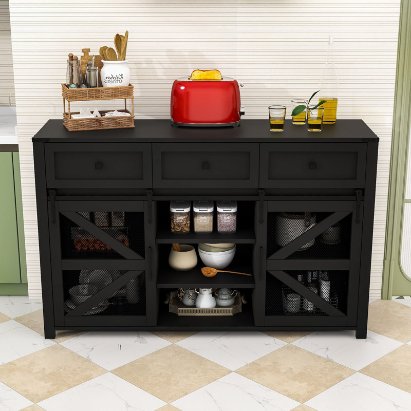 Farmhouse Sliding Barn Door Sideboard Buffet Cabinet with Adjustable Shelves, Drawers and Metal Accents, Black
