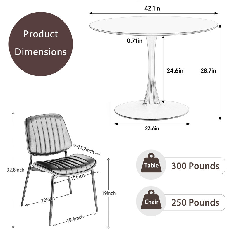 Ensemble de table de salle à manger 42,1 po avec 4 chaises modernes, Blanc / Blanc, Noir, noir, noir, noir