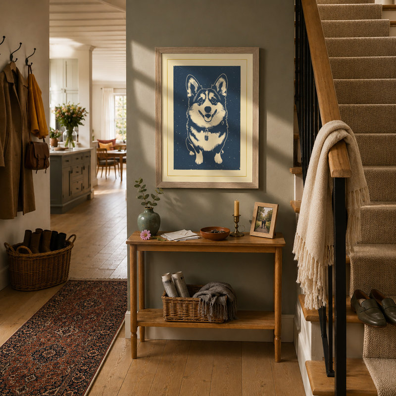 Alert Corgi Rustic - Print, A2 - 59.4 x 42.0 cm, Oak