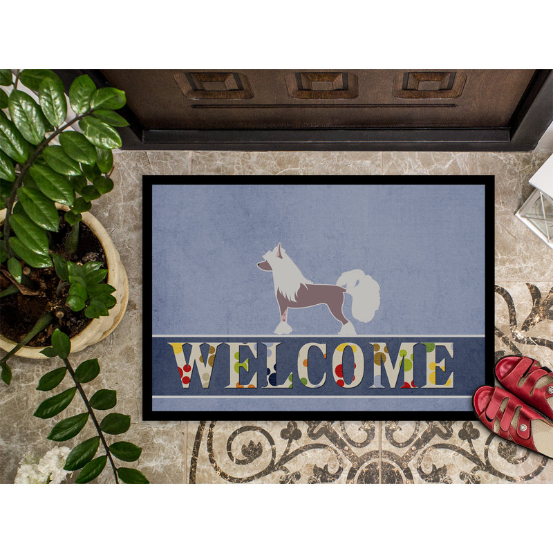 Welcome Non-Slip Outdoor Door Mat, Chinese Crested, Rectangle 2' x 3'