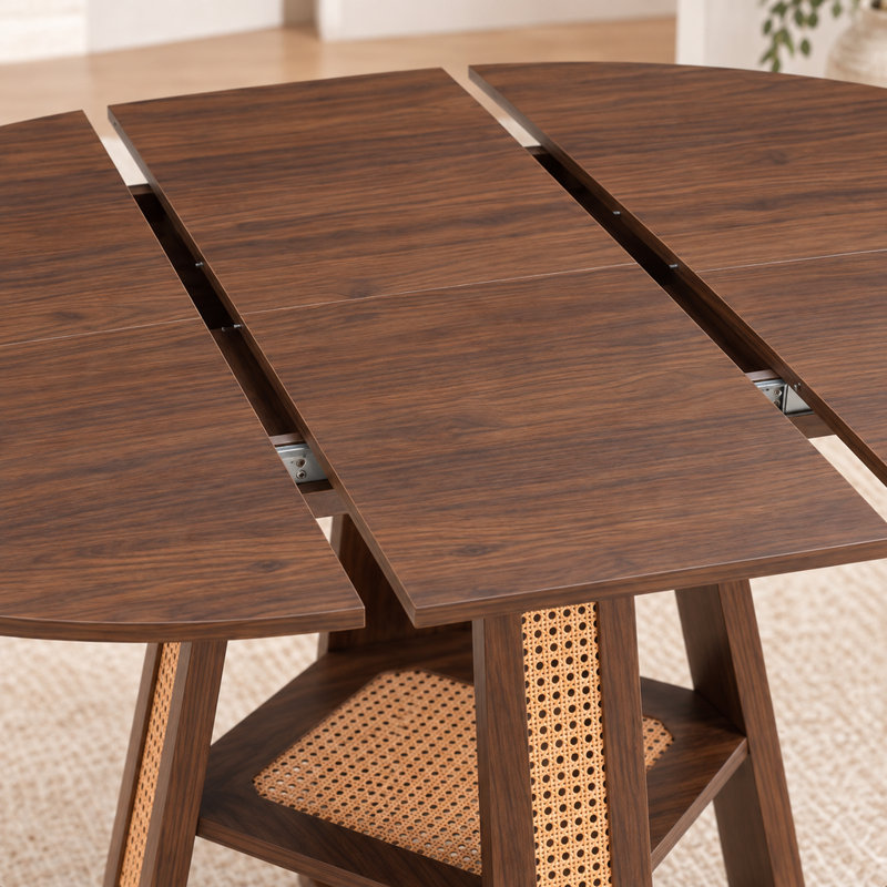 Table de salle à manger extensible ronde pour 4 à 6 personnes avec rallonge amovible et tablette de rangement, noyer