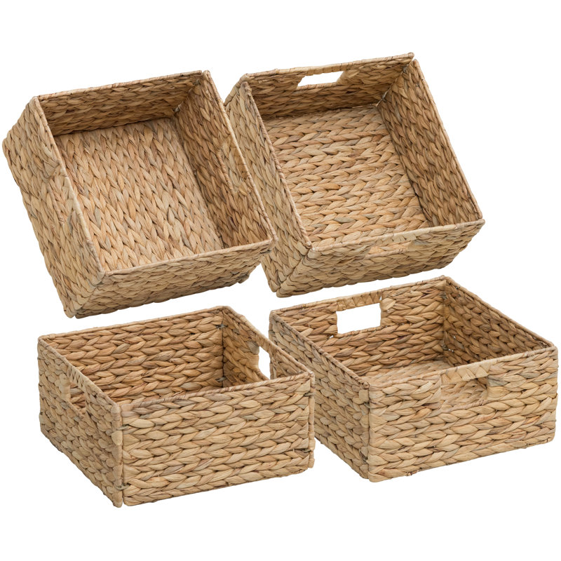 12" W x 12" D Square Natural Water Hyacinth Hand Woven Rattan Wicker Storage Basket Set with Iron Wire Frame (Set of 4), 4
