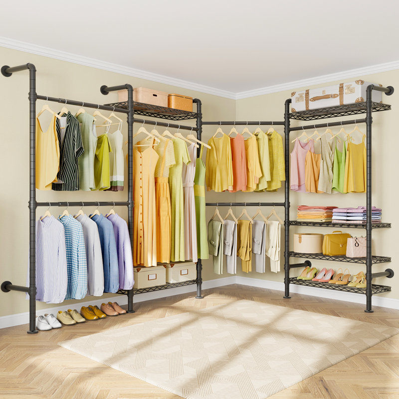 Timate L4 L-Shaped Heavy-Duty Garment Rack, Industrial Pipe Closet System with Expandable Design, Wall-Mounted Corner Wardrobe Kit ,Black