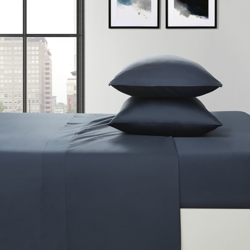 Ensemble de draps en satin 100 % coton d'une contexture de 400 fils, Très grand, Bleuet