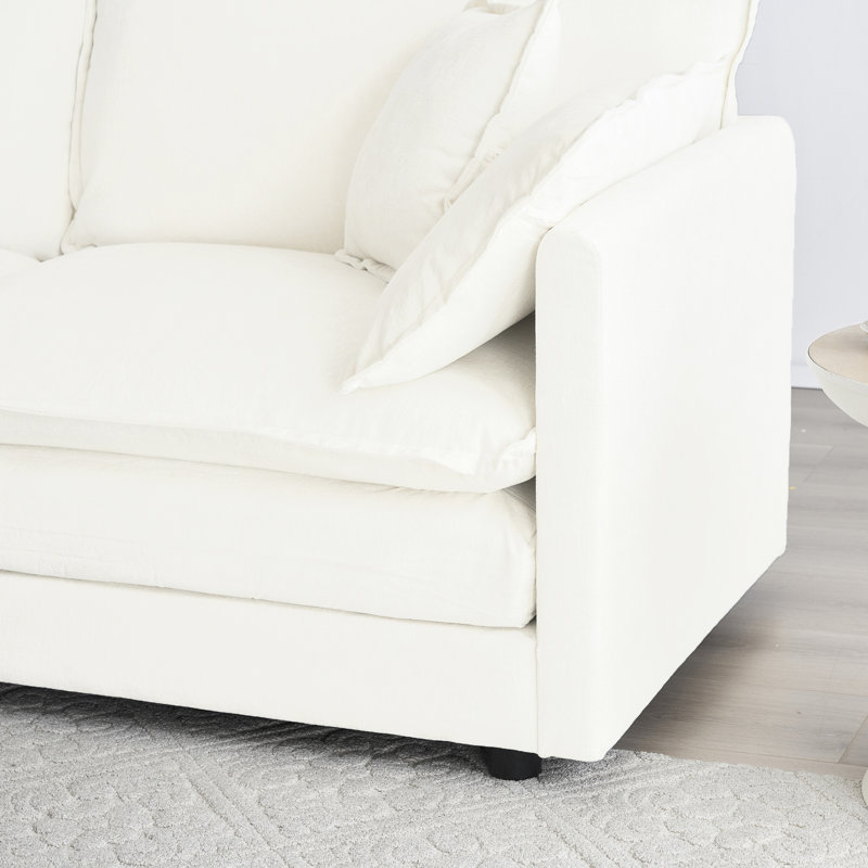 3 chenille moderne de style Mid-Century avec cadre durable pour canapé de salon, chenille blanche, coussins d'accoudoirs, bois, tissu de relaxation respirante