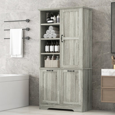 Bathroom Storage Cabinet With Doors And Drawers, Tilt-Out Laundry Hamper, Multiple Storage Space, Freestanding Style, Open Shelve, Adjustable Shelf
