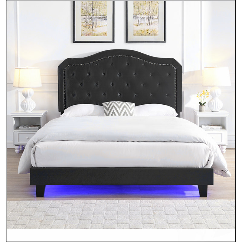 Upholstered Queen Bed With Button Tufting, Curved Design, Strong Wood Slat Support, And LED Lights For Elegant And Functional Sleeping