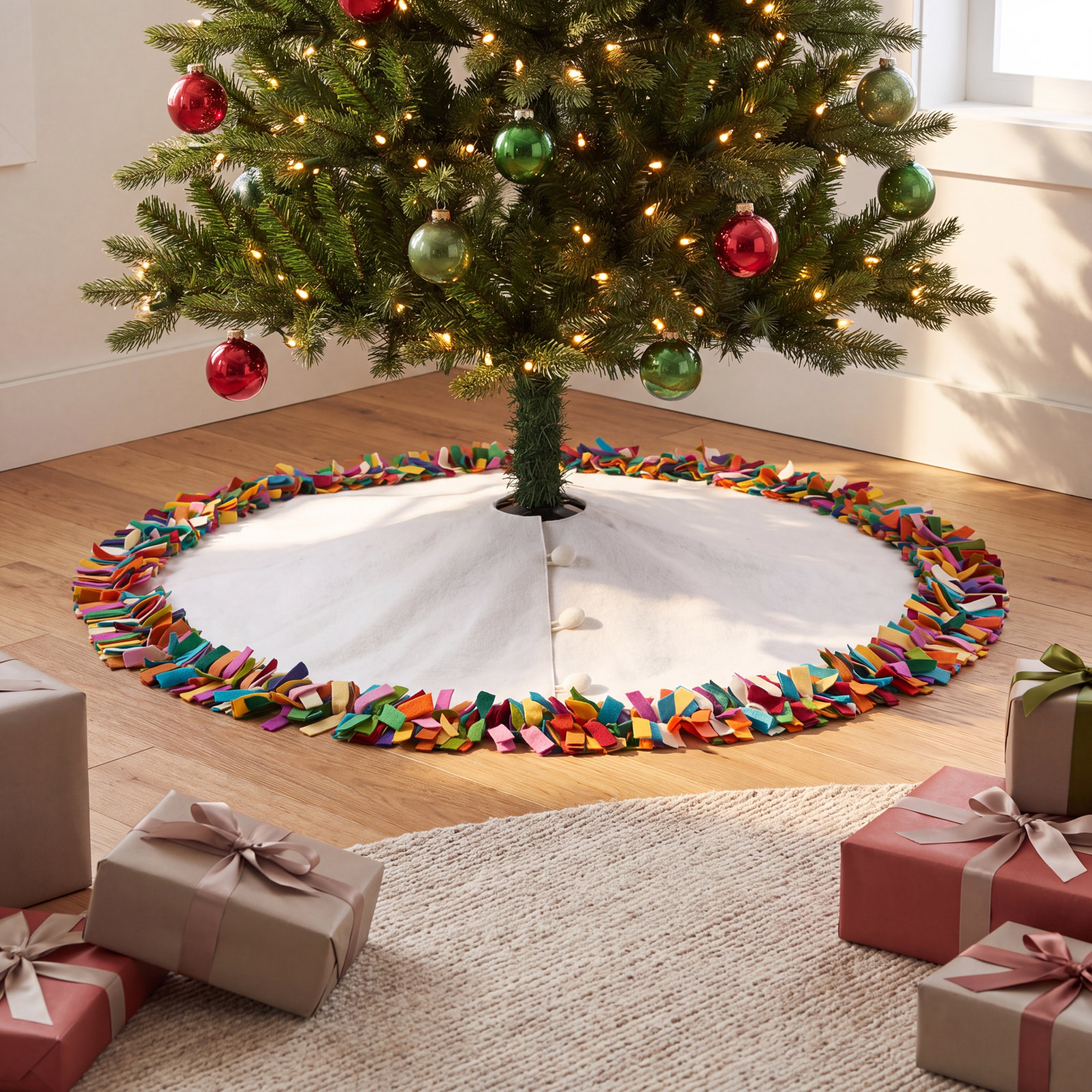 Handmade Fringe Wool Tree Skirt, Cream , 51" W