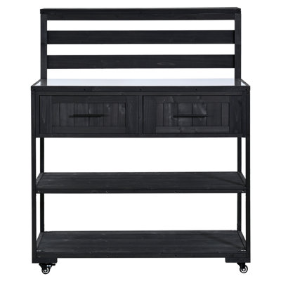 2.3'' Patio Kitchen Island Solid Wood Kitchen Cart with Stainless Table Top