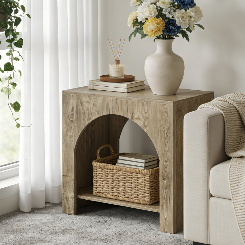 Table d'appoint à 2 niveaux en bois avec design arqué innovant, Chêne clair