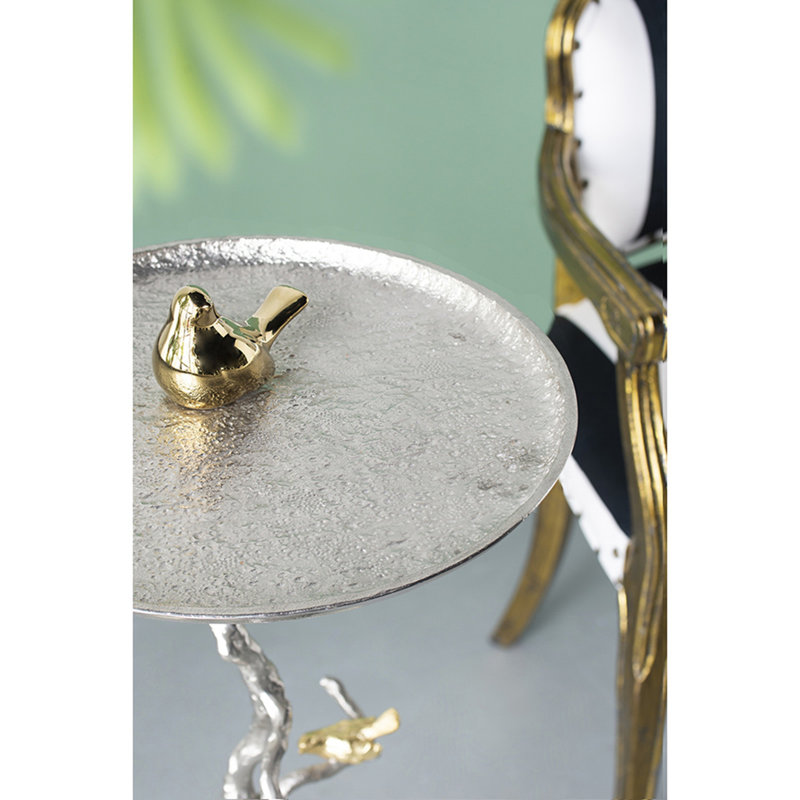 Round Aluminum Side Table with Silver Branch Design and Gold Bird Accents