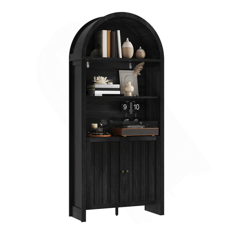 Bibliothèque 71 po de hauteur avec plateau arqué et armoire de rangement, noir