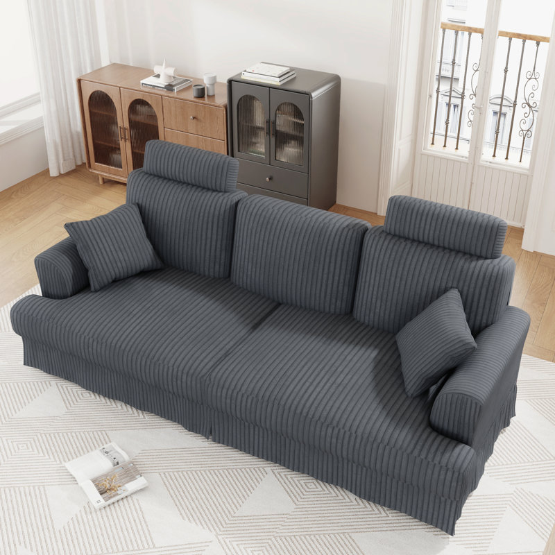 Modern 222cm Corduroy Recessed Arms Sofa With Removable Headrest, Grey
