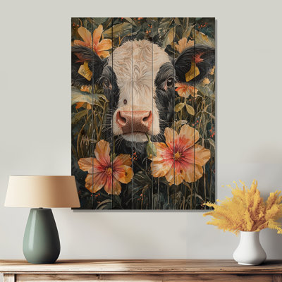 Peinture de vache avec hibiscus - reproduction de bois de vache sur bois de pin naturel