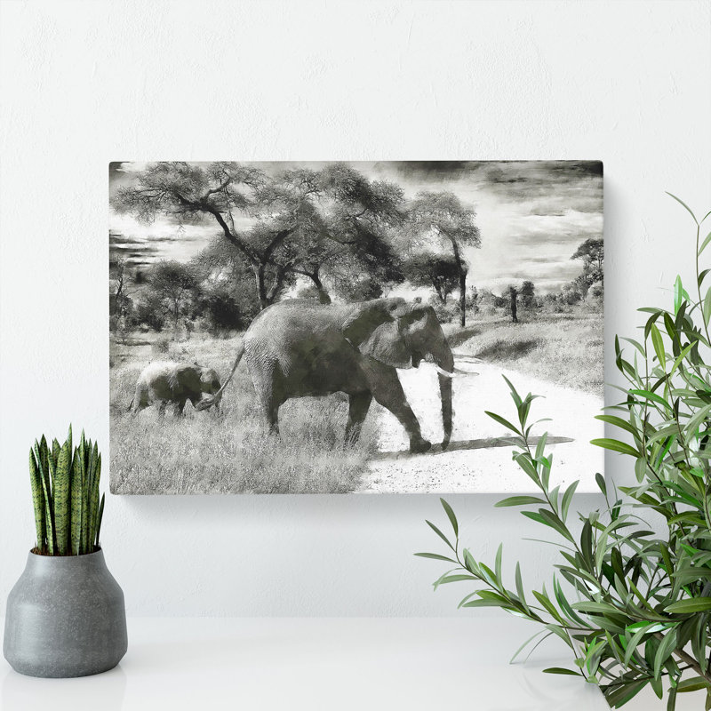 Mother & Baby Elephant Strolling - Wrapped Canvas Print, 40cm H x 60cm W x 3cm D