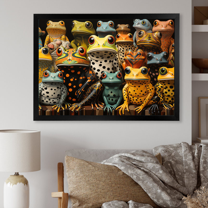 «Multicolor Pop Art Frogs I», reproduction d'art sur toile, H 12 po x l 20 po x P 1 po, Cadre simple noir