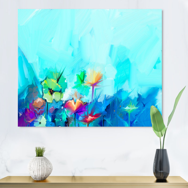 «Paintbrush Turquoise Floral Summer Impression», reproduction sur toile flottante, H 12 po x l 20 po x P 1 po, Toile tendue