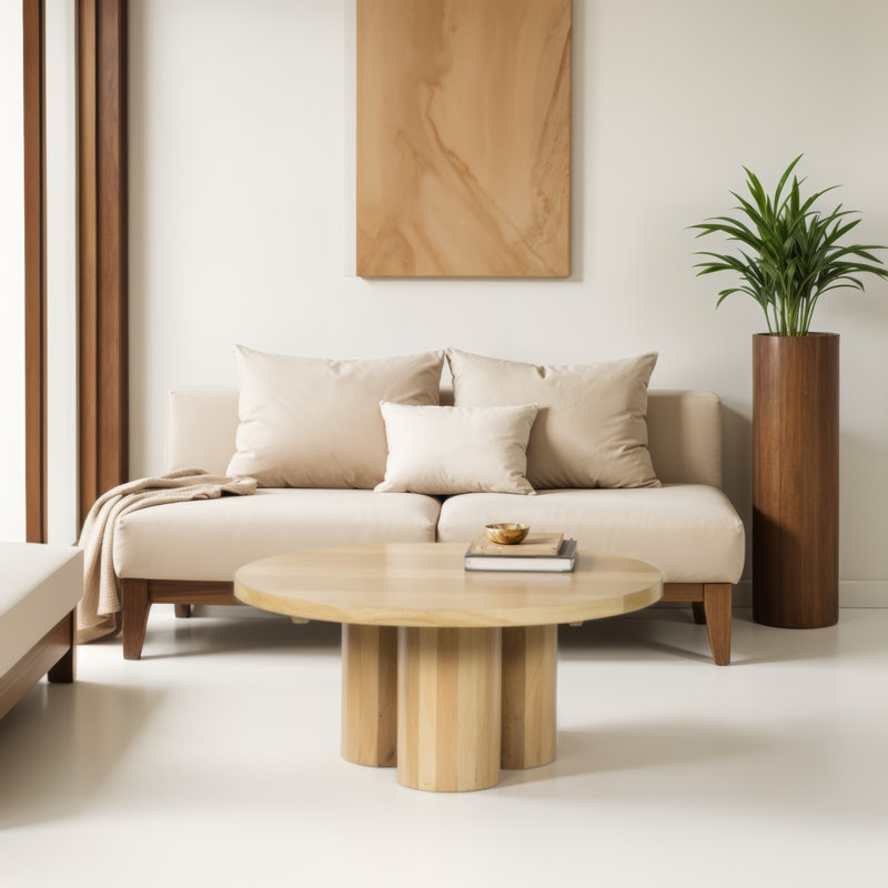 Hazel Coffee Table with 3 Pillar Legs, 35.5 Inch Round Top, Natural Brown Mango Wood