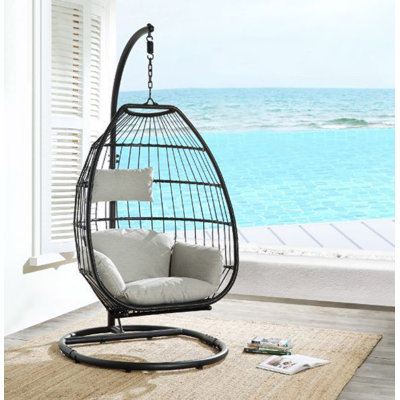 Patio Hanging Chair With Stand, Beige Fabric & Black Wicker