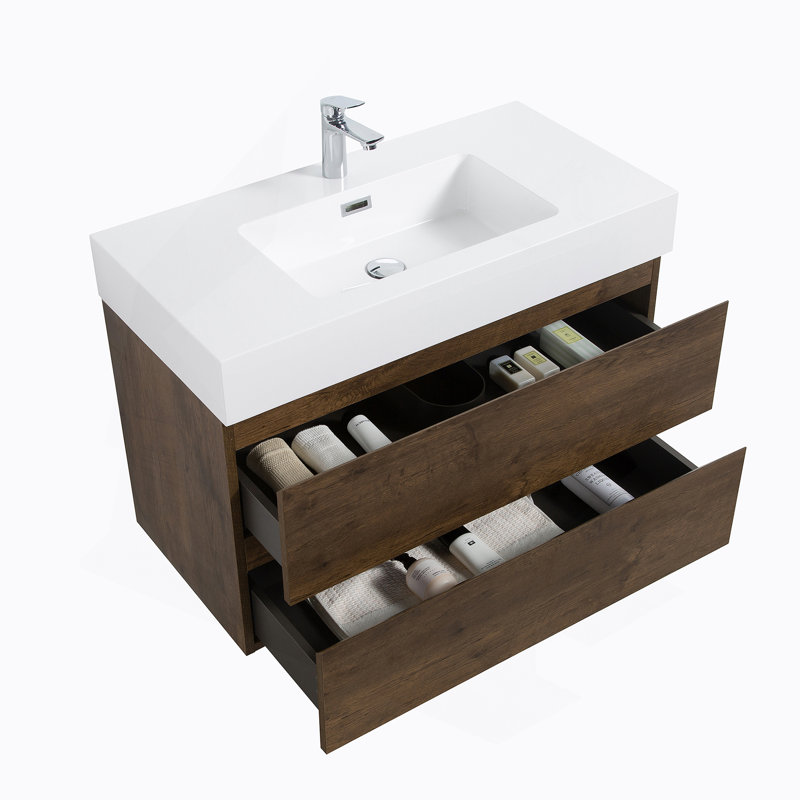 Meuble-lavabo mural flottant avec lavabo et rangement spacieux, Noyer, 36", Blanc