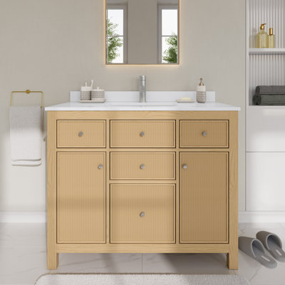 Meuble-lavabo simple 42 po Pendry en noyer foncé, comptoir en quartz blanc, lavabo carré encastré (1 trou), garniture en nickel brossé