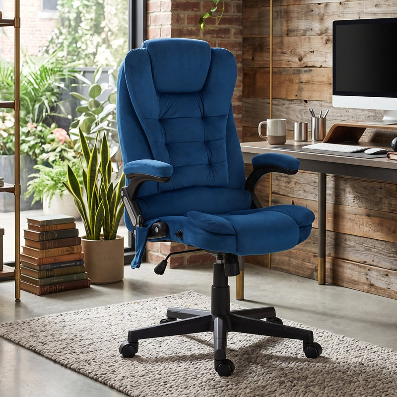 Fauteuil de bureau, fauteuil de massage vibrant en velours à dossier haut, bleu foncé, Bleu, Bleu