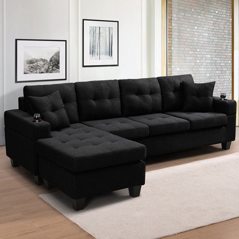 Calliandra Upholstered L-Shaped Sectional Left Hand Facing, Black Fabric, Left Hand Facing