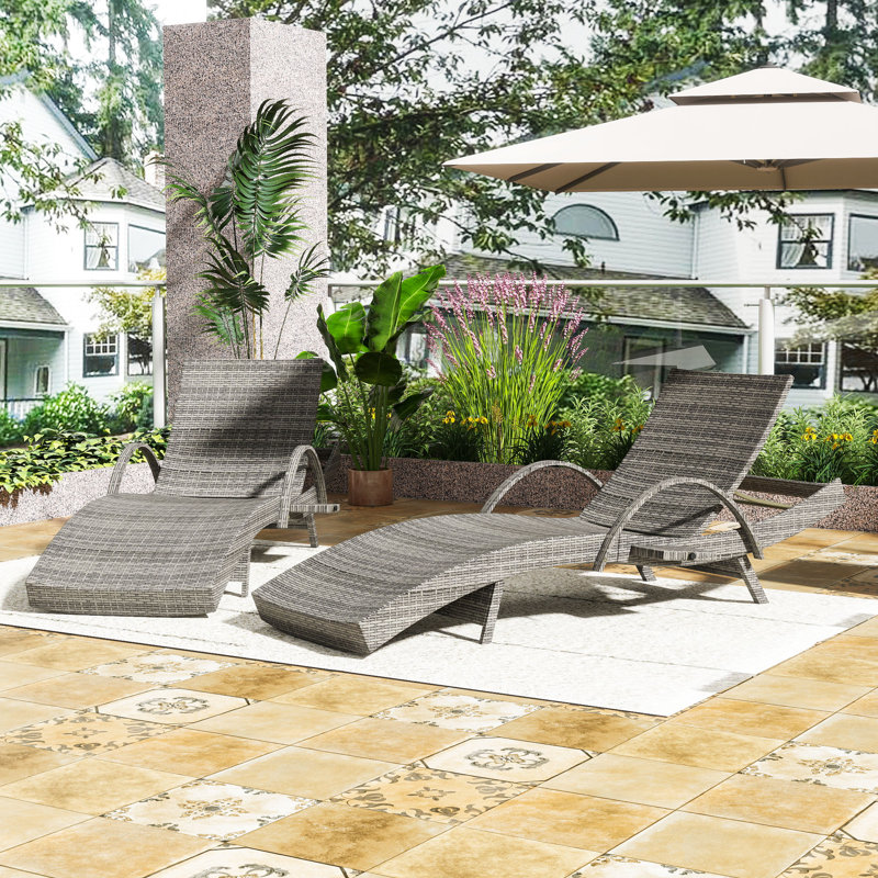 All-Weather Wicker Patio Chaise Lounge Set with Pull-Out Side Table and Adjustable Backrest, Gray
