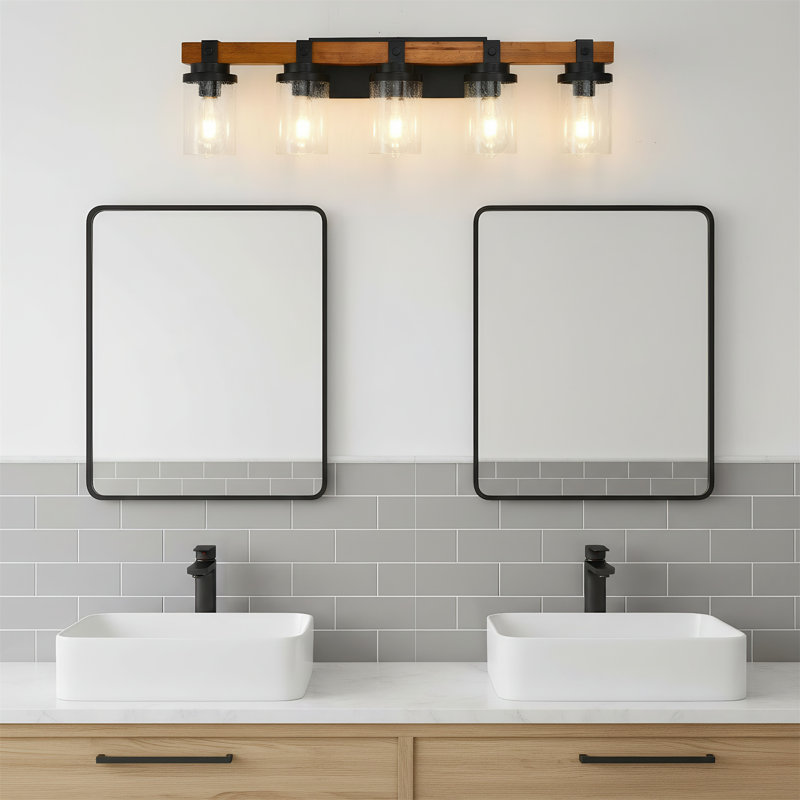 Lampe murale 5 lumières en bois noir mat (avec abat-jour en verre et ampoules non incluses), 5 lumières
